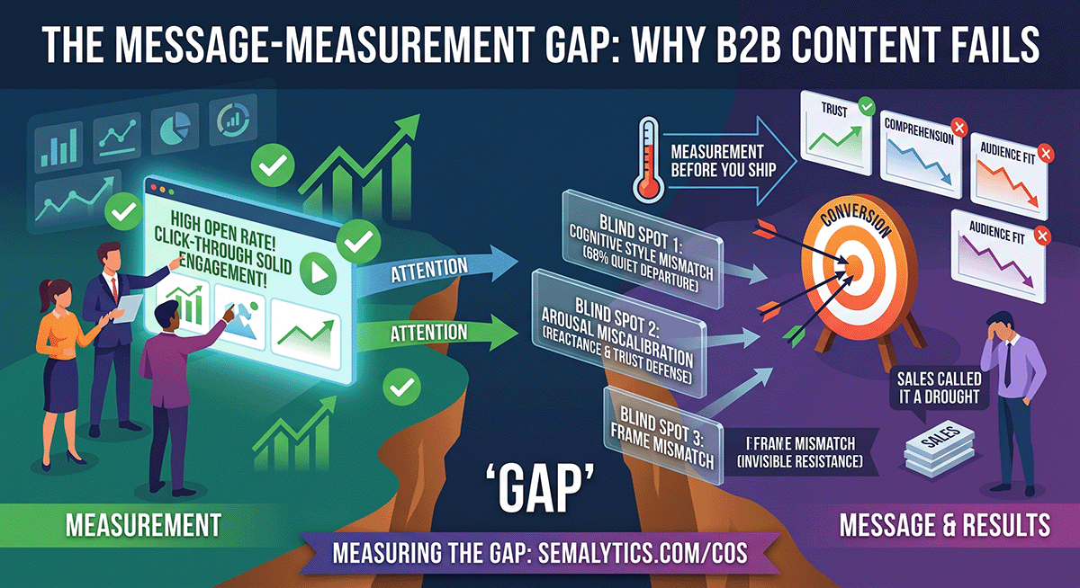 Infographic showing "The Message-Measurement Gap," where high engagement metrics like open rates fail to reach sales targets due to cognitive, arousal, and framing blind spots.