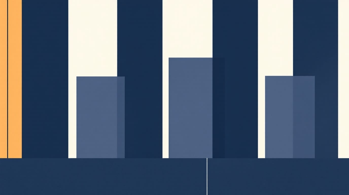 Minimal editorial illustration of five vertical bars in orange-to-navy gradient with thin horizontal accent lines, representing five brand voice components.