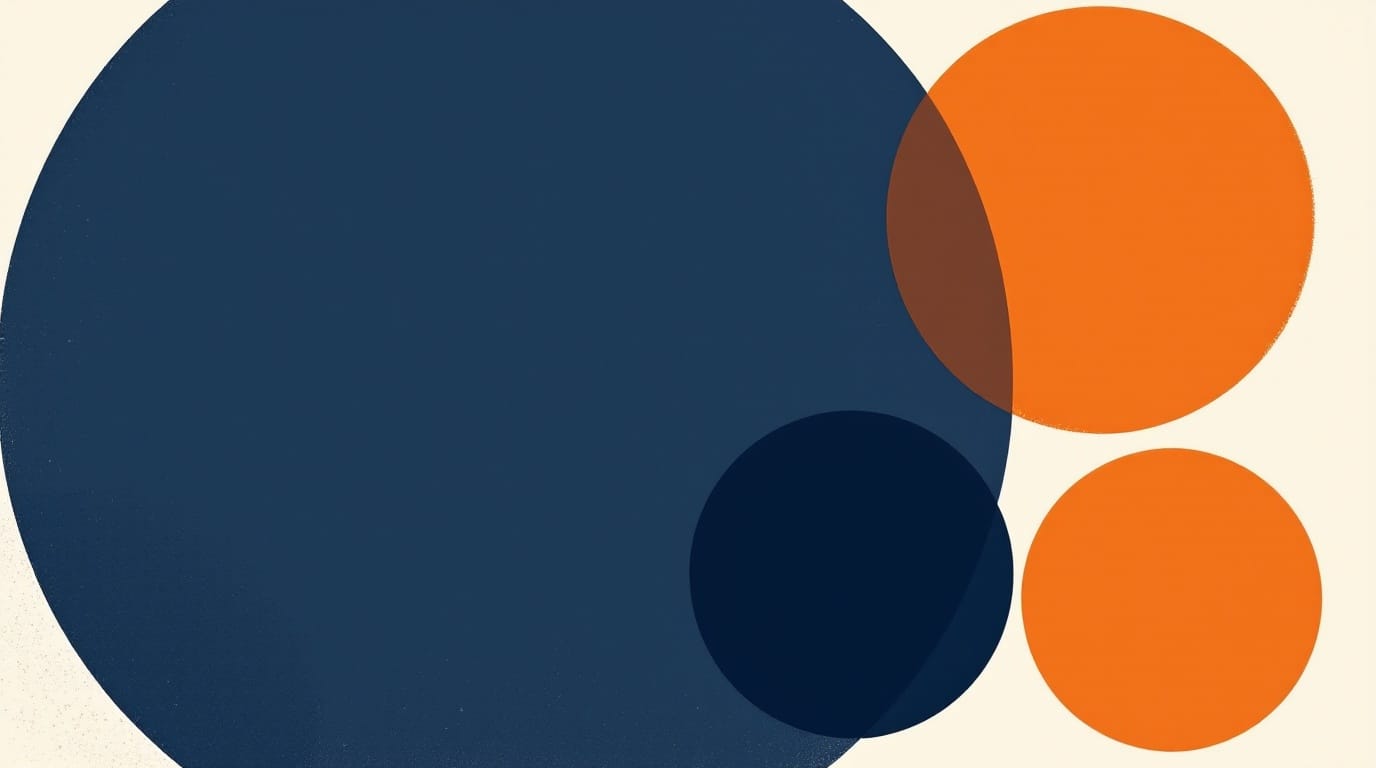 Abstract illustration of four overlapping circles in orange and navy on cream, representing the four personality types in a B2B buying committee.
