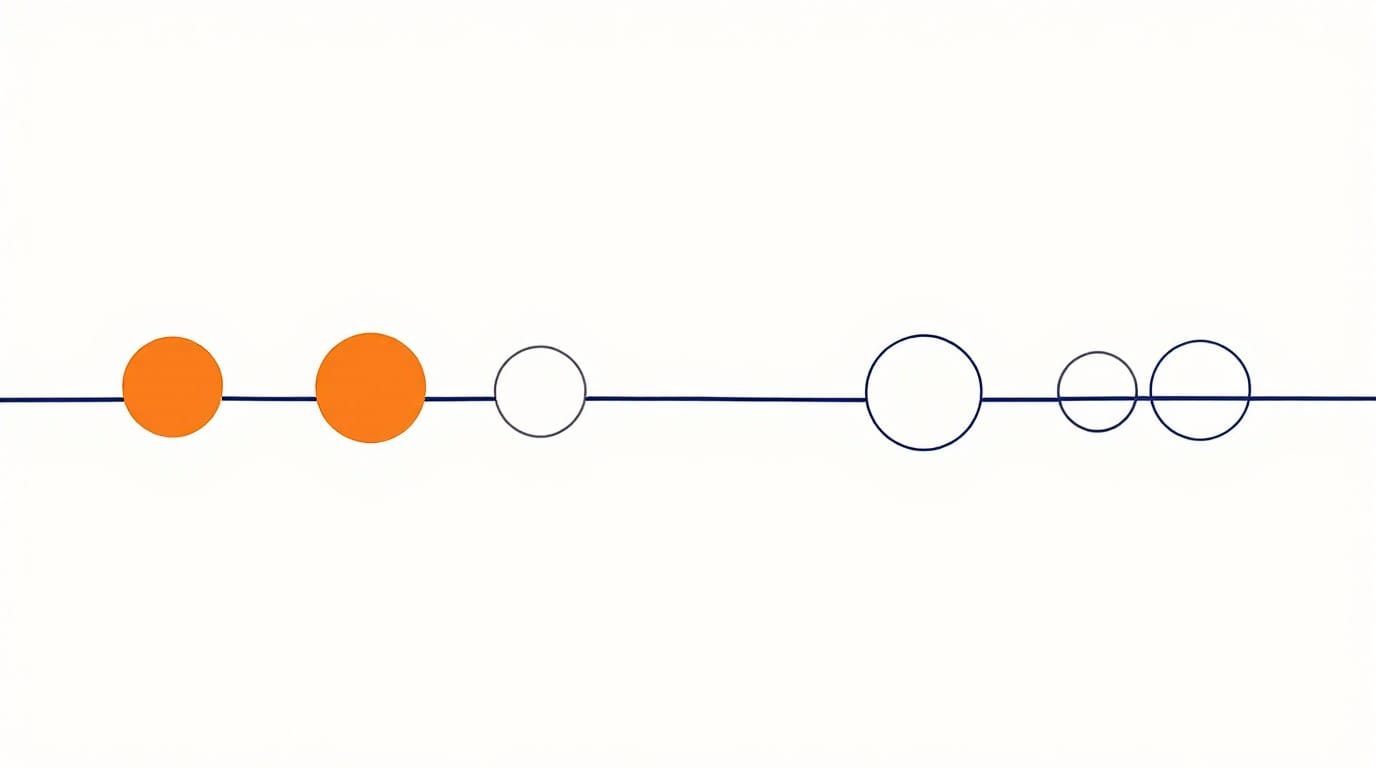 Six small geometric icons in a row on cream — three solid orange, two faded, one shifted upward — representing which of Cialdini's principles still work in 2026 B2B.