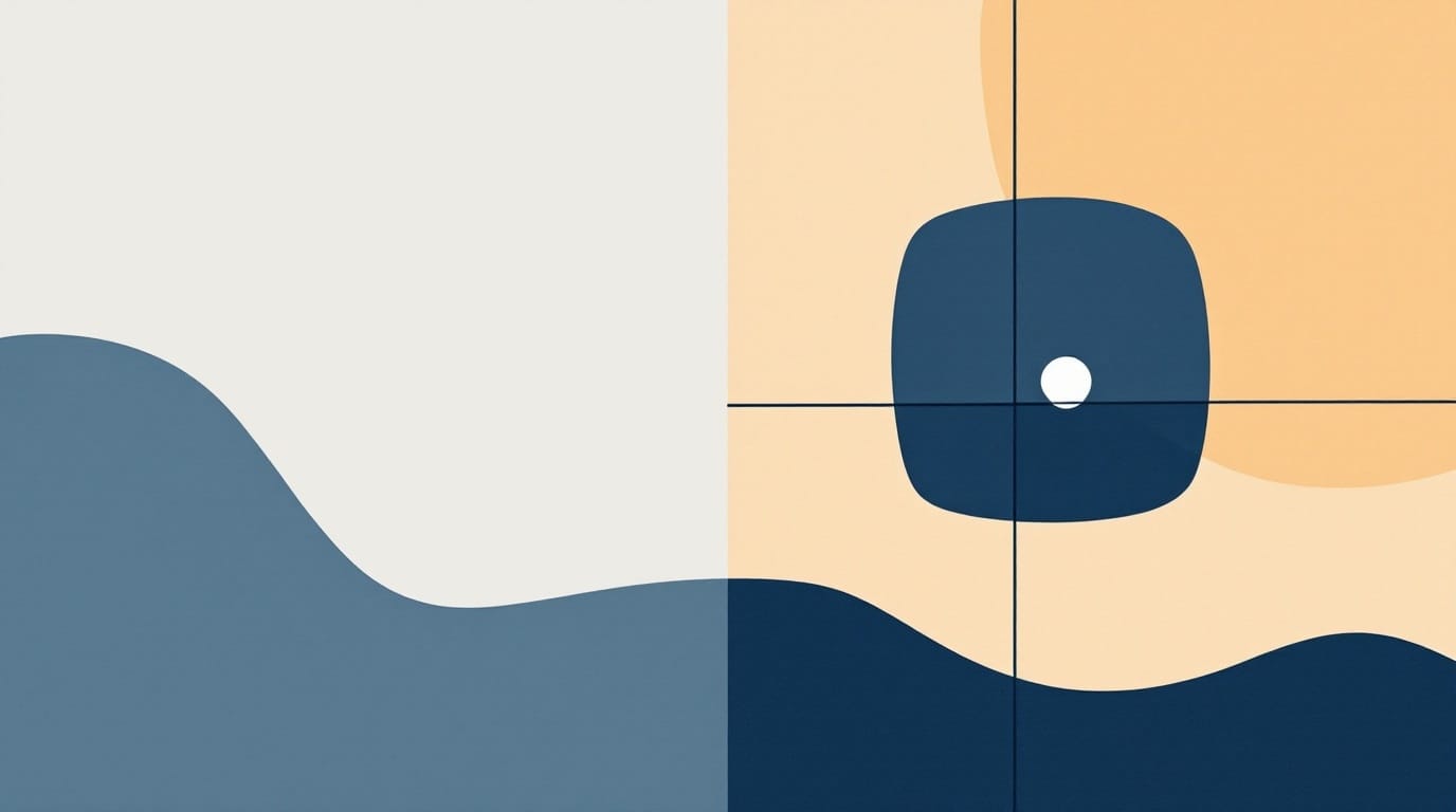 A square divided into four quadrants alternating orange and navy, with a circle at the center, representing the four audience-fit scoring dimensions in B2B communications.