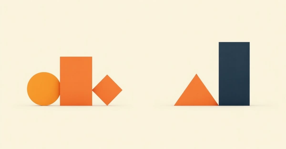 Four geometric shapes grouped neatly on the left, one detached shape drifting right with a navy rectangle at the far edge — personality drift metaphor.