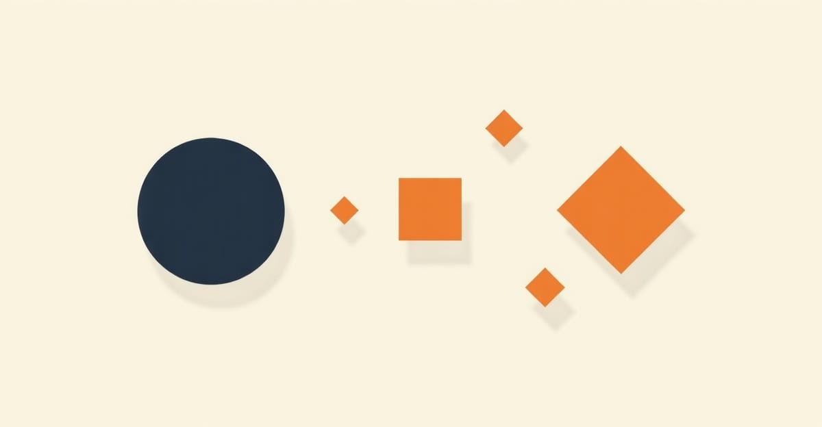Large navy circle with three small orange shapes orbiting it at different angles — one constant brand voice, variable tone.