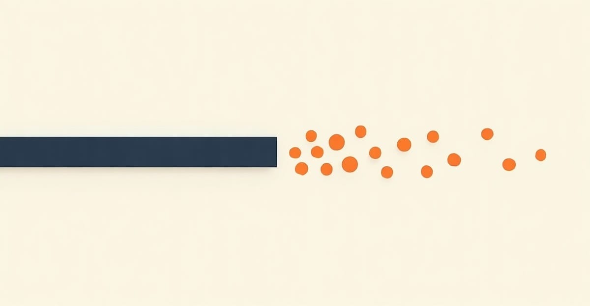 A precise navy horizontal bar on the left and an irregular scatter of small orange circles on the right — measurement versus intuition in B2B copy optimization.