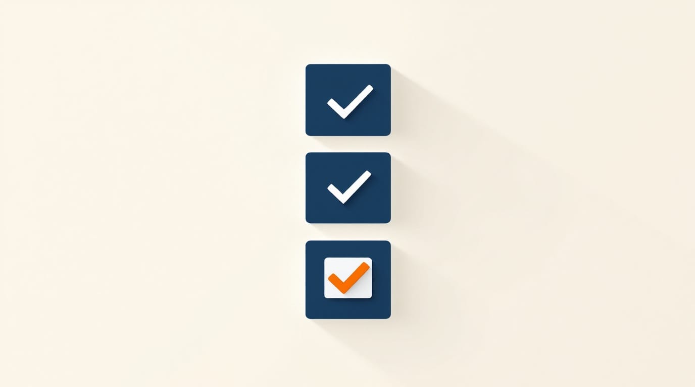 Four audit checkboxes on cream background: three navy with checkmarks complete, one orange empty at the bottom, representing the audit item that never gets run.