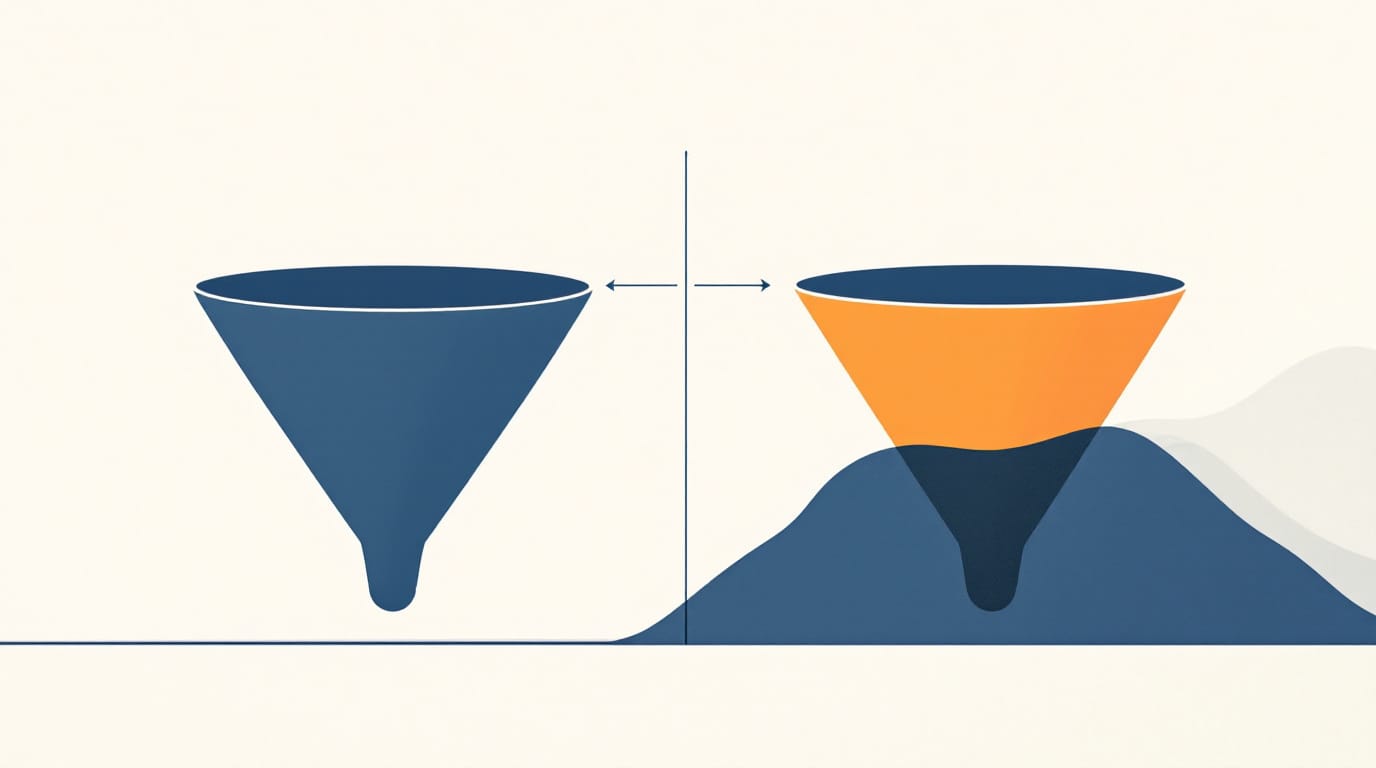 A two-panel diagram showing a standard sales funnel on the left and a pinched funnel on the right, where the orange narrow point marks the evaluation stage where deals stall.