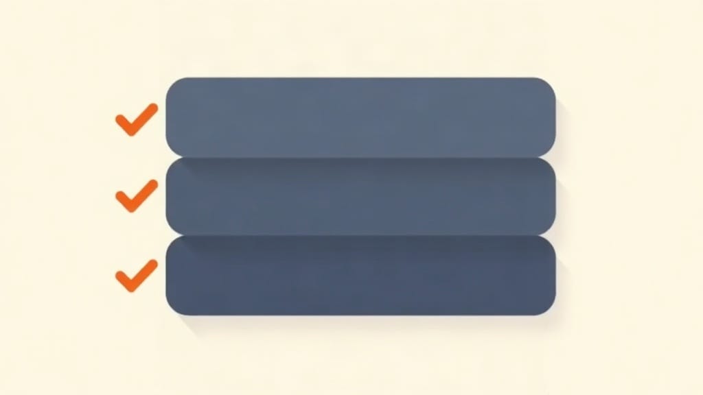 Three stacked navy blue panels each marked with an orange checkmark, representing the three components of strategic clarity: value proposition, differentiation, and call to action.