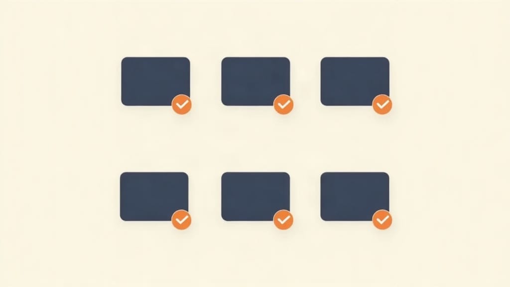 Six small navy rectangles in a 2x3 grid on cream background, each with a small orange checkmark, representing the six SEO Health signals.
