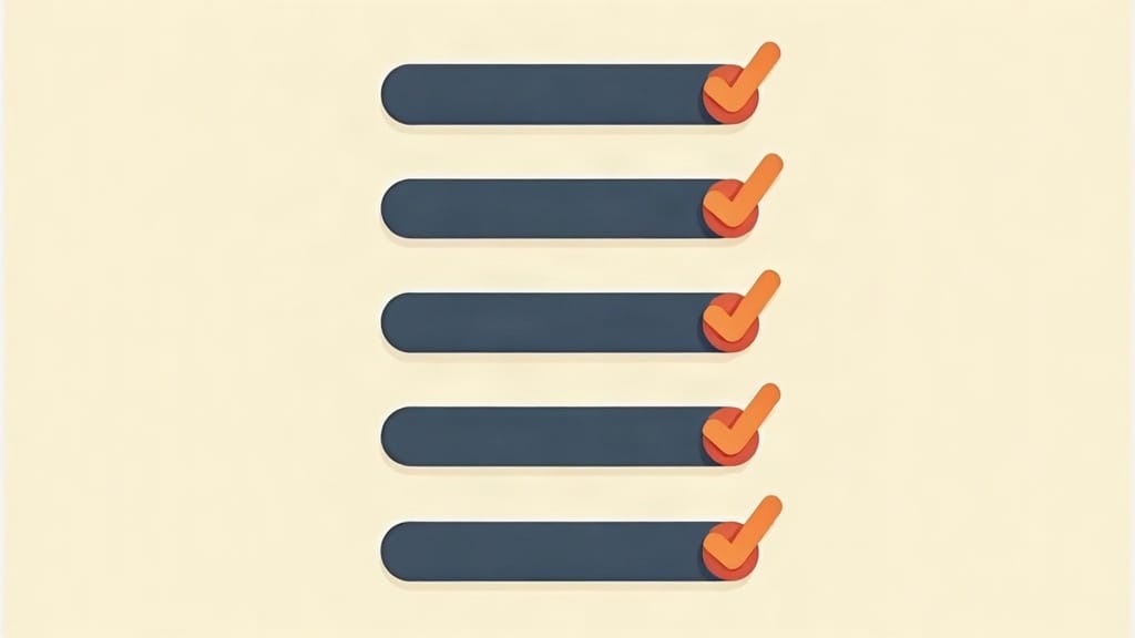 Eight navy horizontal bars stacked on a cream background, each marked with an orange checkmark, representing all 8 COS content dimensions completed in a pre-publish audit.