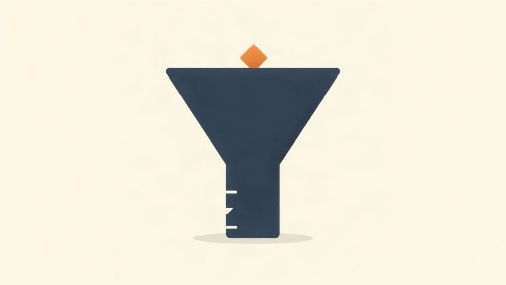 Flat vector funnel diagram in navy on cream background, wide at the top representing traffic and search rankings, narrowing to almost nothing at the bottom with a small orange marker indicati
