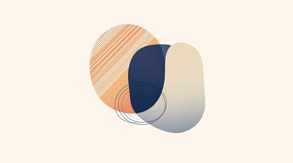 Abstract illustration of two overlapping shapes — angular orange geometric lines and soft navy curves — representing the intersection of AI and human copywriting.