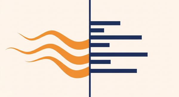 Abstract editorial illustration divided by a vertical line. Left half shows three flowing orange wave forms. Right half shows four tight parallel navy bars on a cream background.