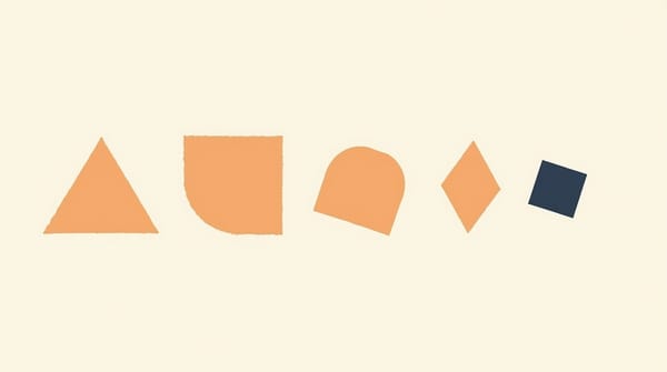 Five slightly flawed orange geometric shapes arranged in a row, each representing a common brand voice mistake, alongside a clean navy anchor shape on the right.