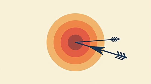 A target bullseye with concentric orange rings on a cream background, with a navy arrow striking the outer ring rather than the center, representing Goodhart's Law in copy optimization.