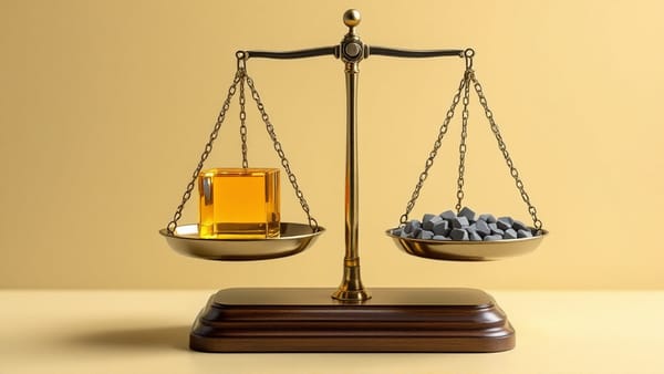 Brass balance scale — single amber cube raised on the left, pile of gray cubes lowered on the right. One targeted approach outweighs many generic ones.