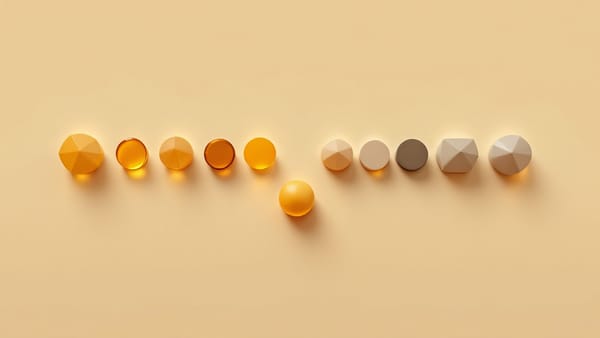 Amber and gray geometric tokens converging to a single gold sphere — two complementary approaches meeting at one result.