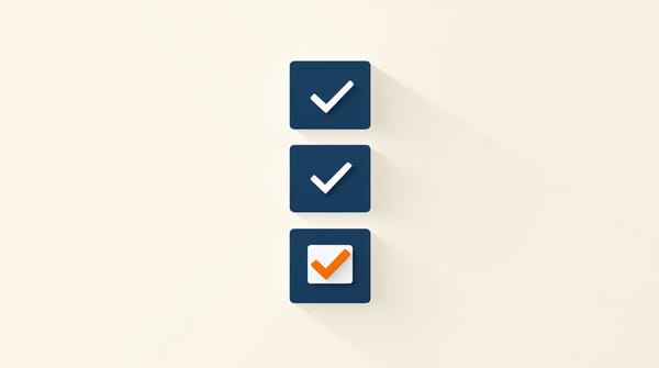 Four audit checkboxes on cream background: three navy with checkmarks complete, one orange empty at the bottom, representing the audit item that never gets run.