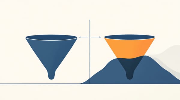 A two-panel diagram showing a standard sales funnel on the left and a pinched funnel on the right, where the orange narrow point marks the evaluation stage where deals stall.
