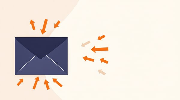 An open envelope with twelve reply arrows fanning outward, two in solid orange and ten fading gray, representing high reply volume with low conversion signal.