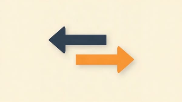 Two horizontal arrows pointing in opposite directions, navy pointing left and orange pointing right, on a cream background, representing prevention focus and promotion focus cognitive frames 