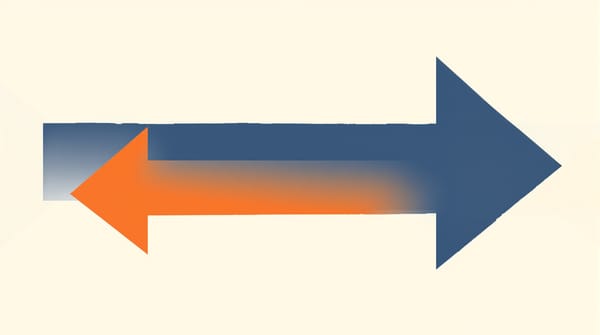 Two horizontal arrows pointing in opposite directions, navy pointing left and orange pointing right, on a cream background, representing prevention focus and promotion focus cognitive frames 