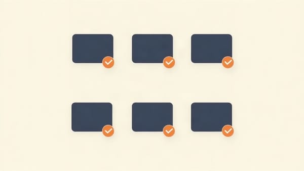 Six small navy rectangles in a 2x3 grid on cream background, each with a small orange checkmark, representing the six SEO Health signals.