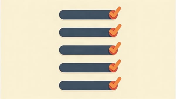 Eight navy horizontal bars stacked on a cream background, each marked with an orange checkmark, representing all 8 COS content dimensions completed in a pre-publish audit.
