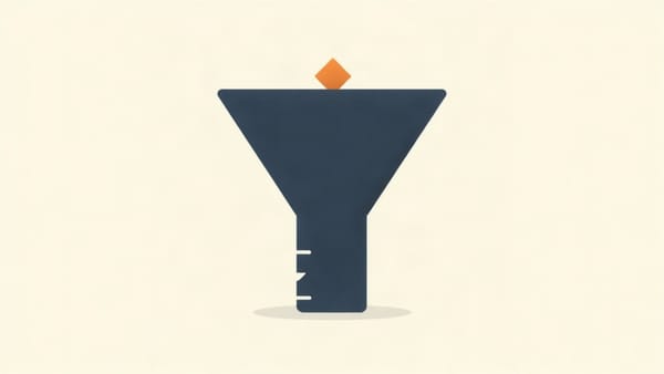 Flat vector funnel diagram in navy on cream background, wide at the top representing traffic and search rankings, narrowing to almost nothing at the bottom with a small orange marker indicati