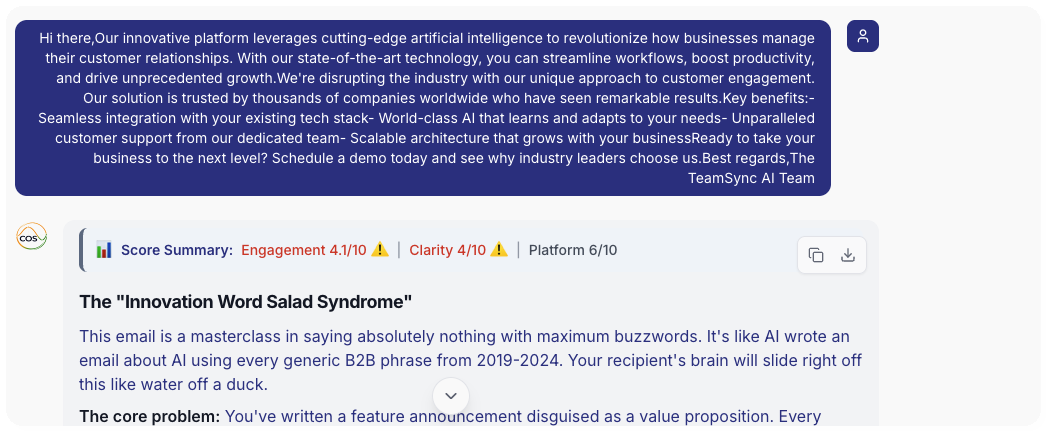 COS analysis output showing a B2B email scoring 4.1/10 engagement—diagnosed as Innovation Word Salad Syndrome with personality targeting gaps identified