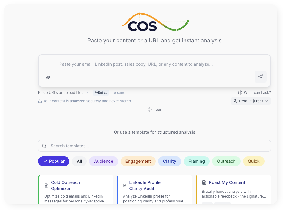 COS input area — paste your email, LinkedIn post, or any B2B content to analyze