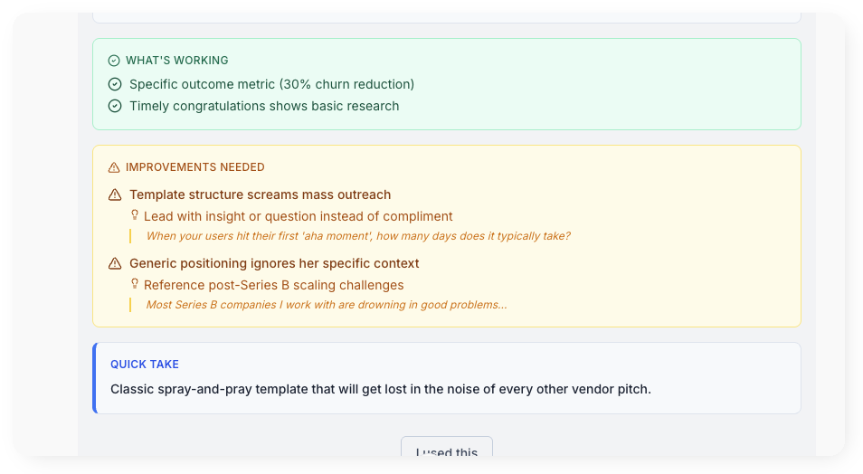 COS analysis results showing what's working, improvements needed, and a quick take summary