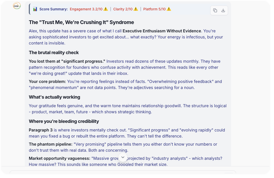 COS analysis of an investor update email with personality coverage gaps identified