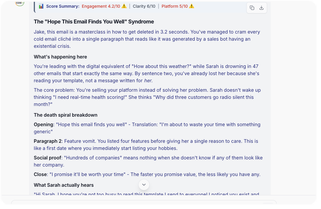 COS analysis of a cold sales email scoring Engagement 4.2/10 with specific personality targeting fixes